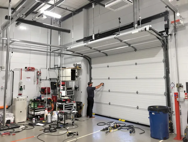 Watertown Garage Door Repair certified technician performing commercial door repair at a Watertown business facility