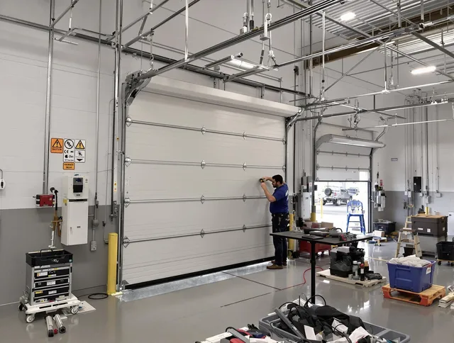 Commercial garage door repair being performed by Watertown Garage Door Repair expert in Watertown