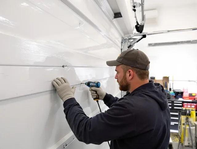 Watertown Garage Door Repair technician demonstrating precision dent removal techniques on a Watertown garage door