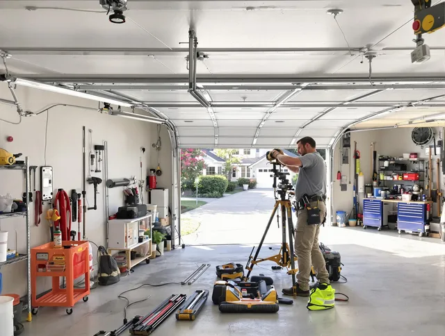 Watertown Garage Door Repair specialist performing laser-guided track alignment in Watertown